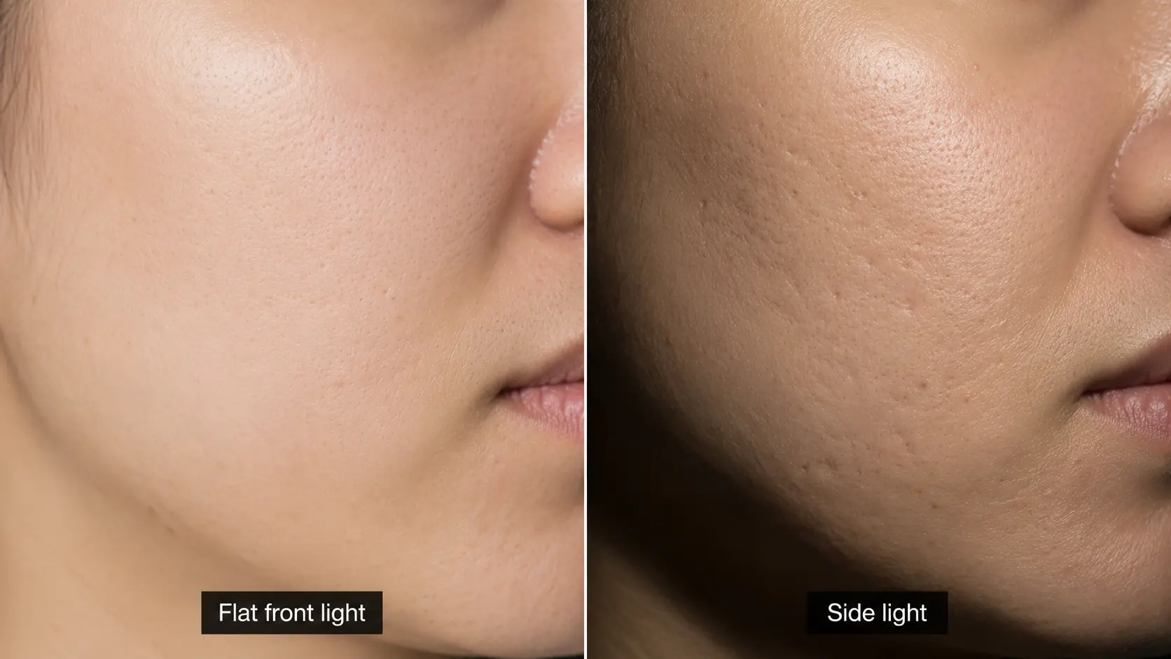 The same area of skin under flat front lighting and under side lighting, showing texture that only appears in the angled light.