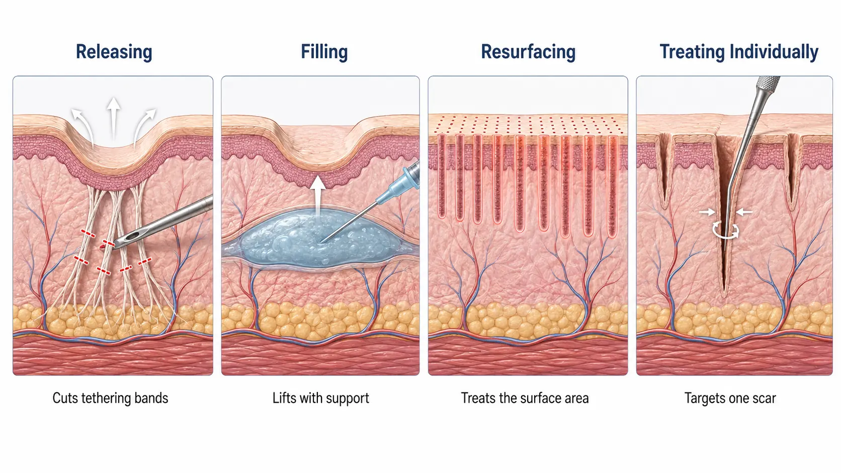 Cross-section diagram of four acne scar treatment approaches: releasing tethered scars, filling depressions, resurfacing an area, and treating individual scars.