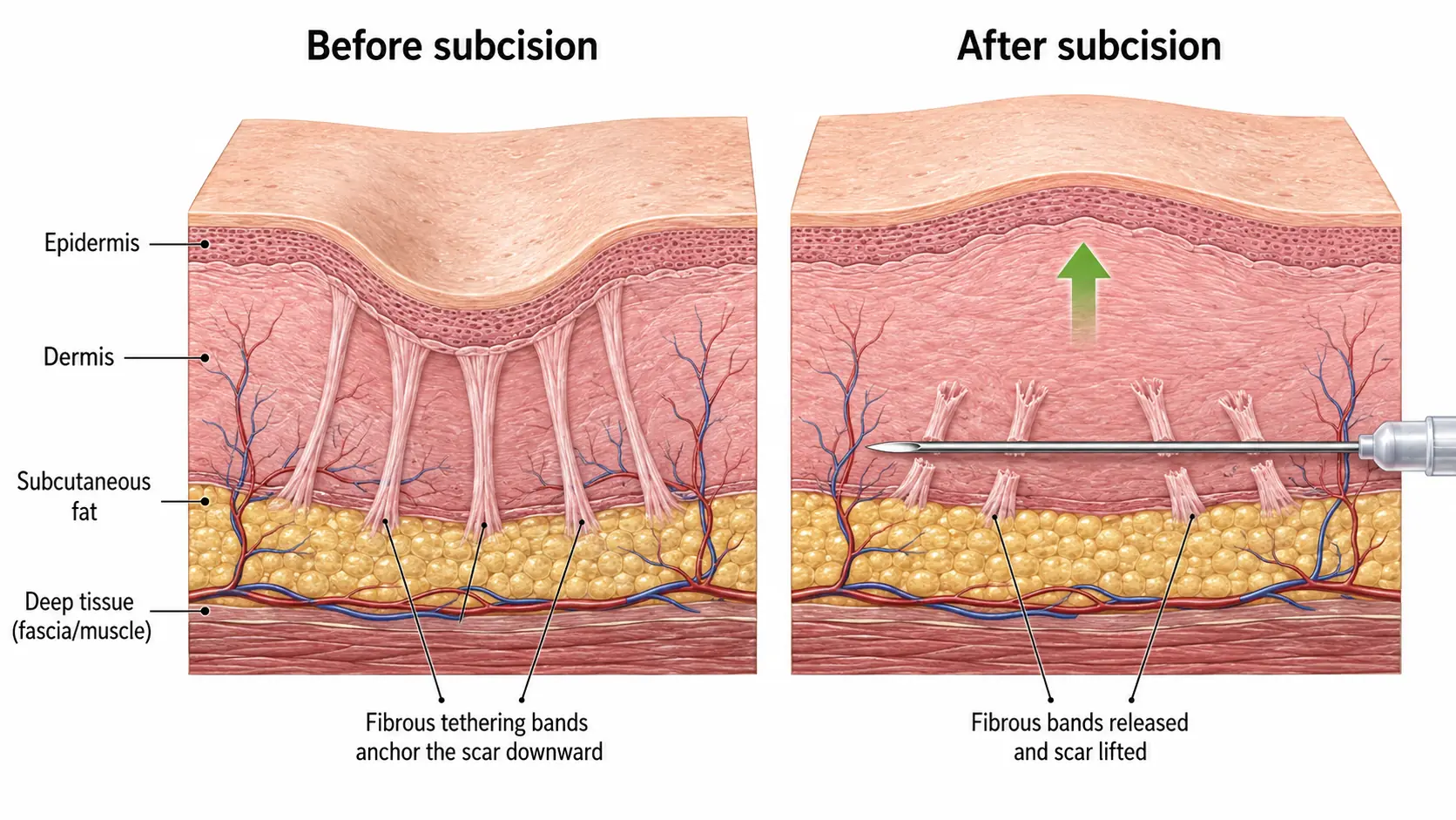Cross-section of a rolling acne scar before and after subcision, showing the fibrous bands beneath it released so the surface lifts.