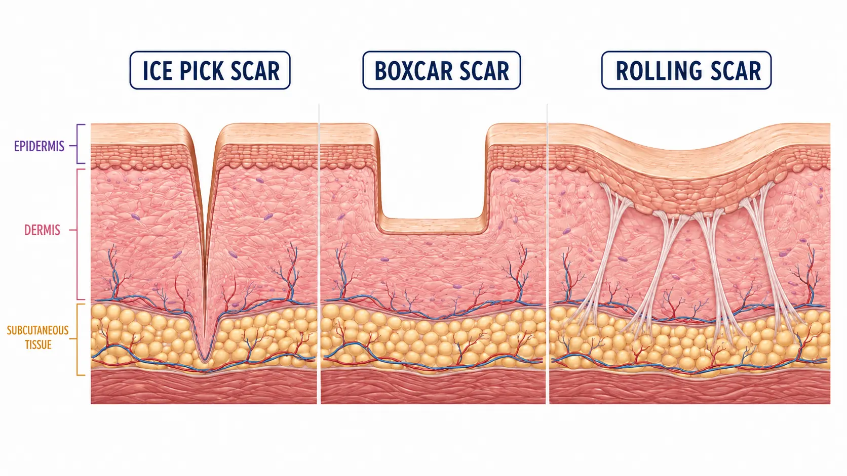 Cross-section diagram comparing ice pick, boxcar, and rolling acne scar profiles, showing fibrous bands tethering the rolling scar from beneath.