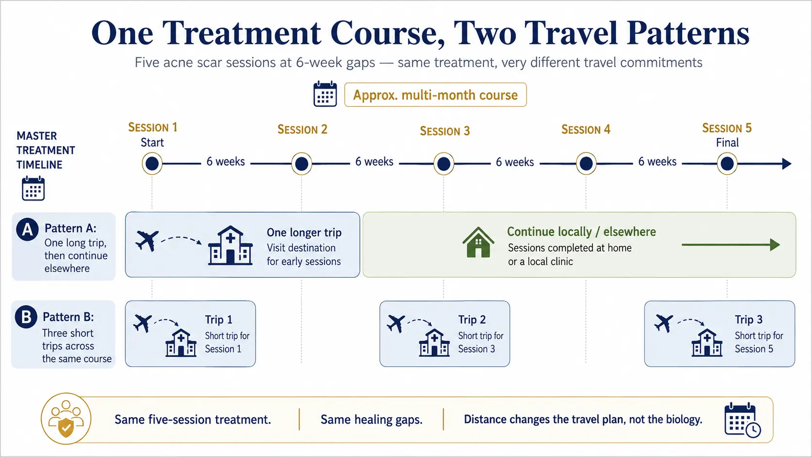 Timeline of a five session acne scar course showing two travel patterns, one long trip versus three short trips.