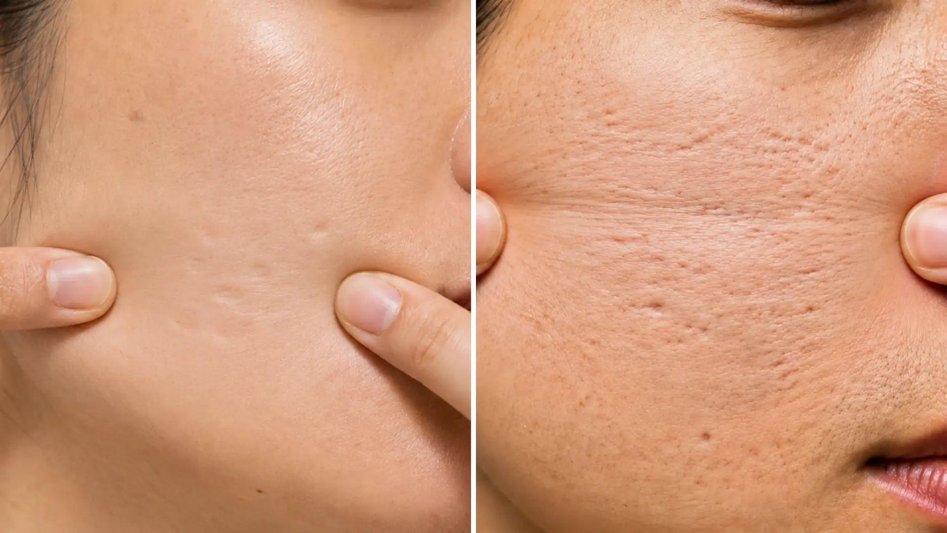 Two fingers stretching skin flat beside a scar, comparing a scar that shallows out with one that keeps its sharp edges.