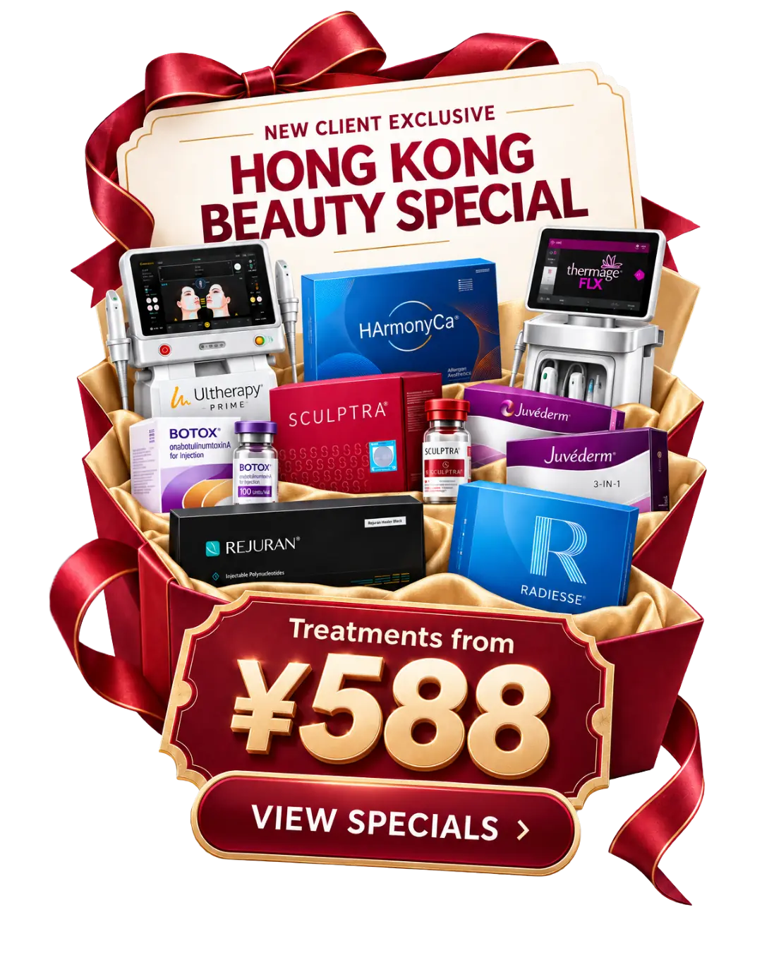 A red-ribboned gift hamper holding the September treatments: Botox, Sculptra, HArmonyCa, Juvederm, Rejuran, Radiesse, Ultherapy PRIME and Thermage FLX. Treatments from 588 yuan.