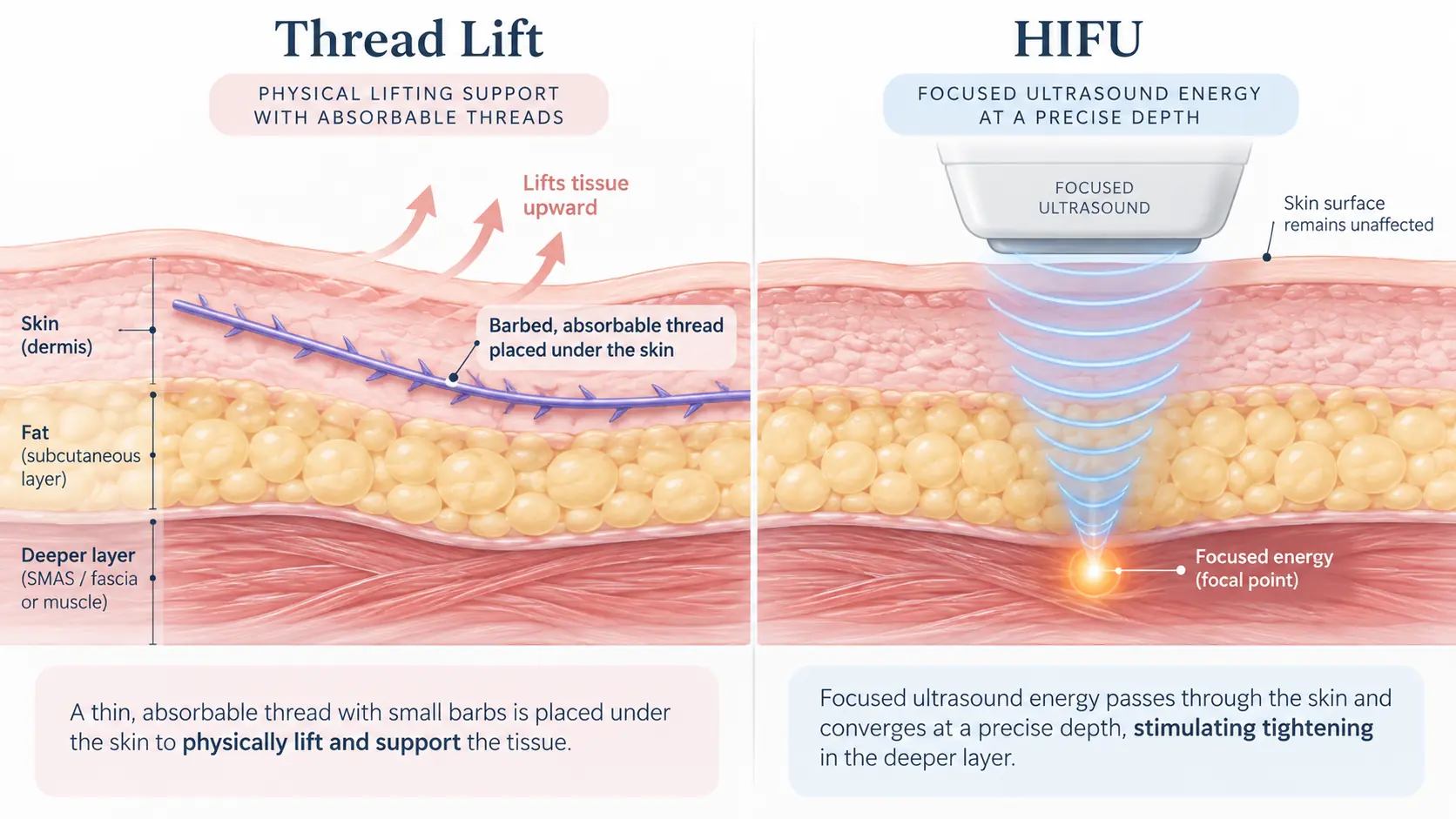 Cross-section diagram of facial tissue comparing a thread placed under the skin with the focal depth of focused ultrasound energy