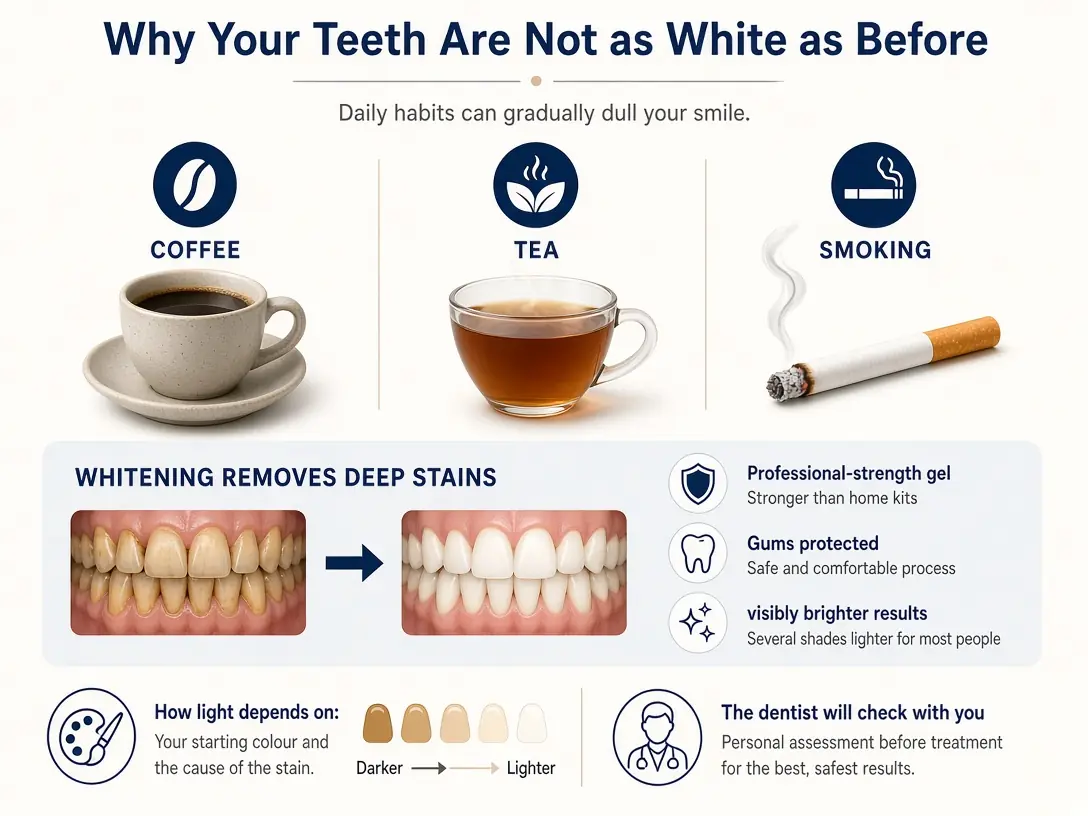 Why your teeth are not as white as before: coffee, tea and smoking stain teeth; in-clinic whitening removes deep stains